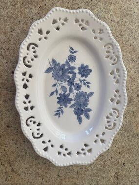 Home Interiors White Ceramic Serving Platters with Blue Floral Pattern